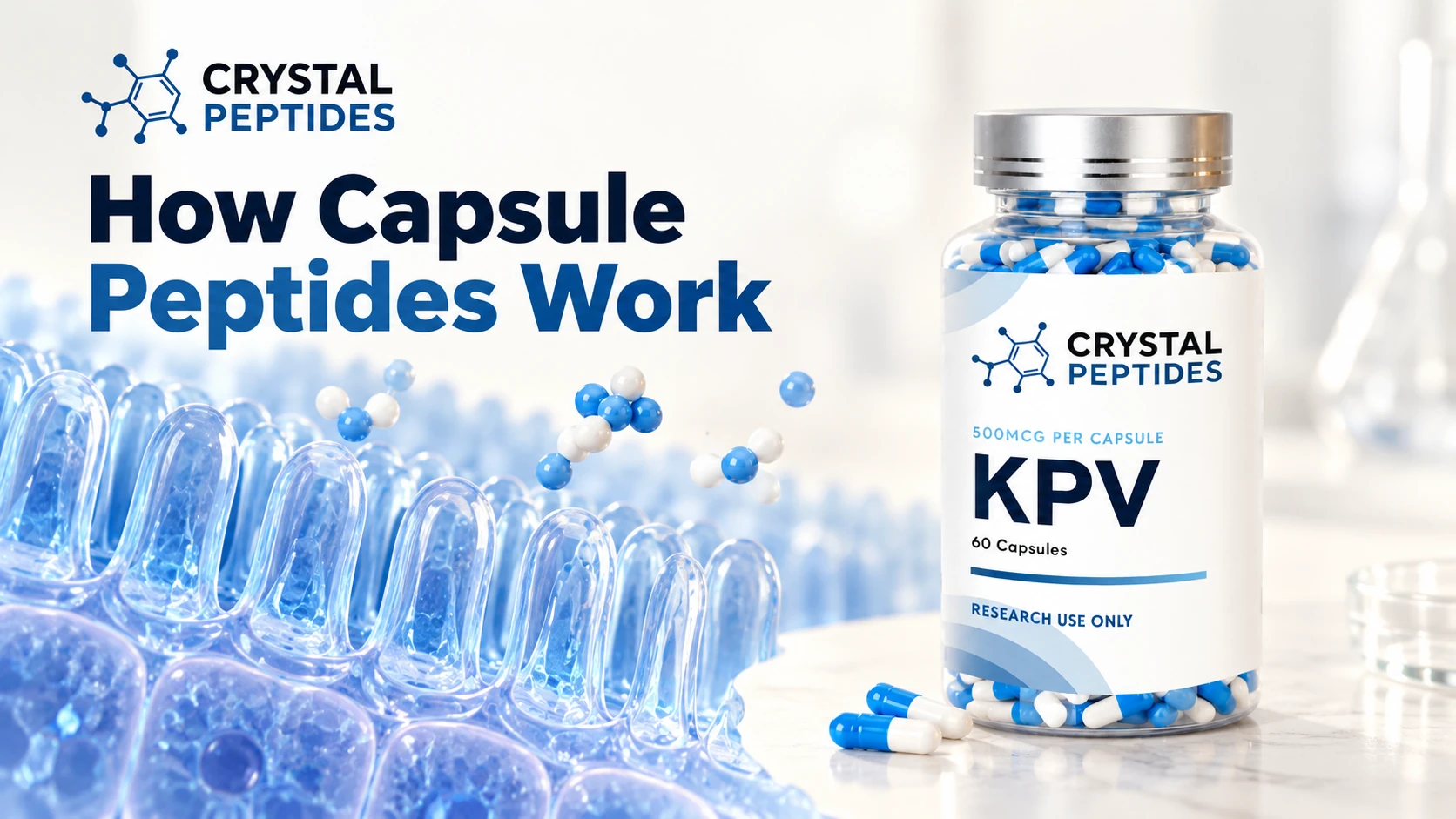 Burk med KPV-kapslar från Crystal Peptides intill en konceptuell illustration av en tarmyta.
