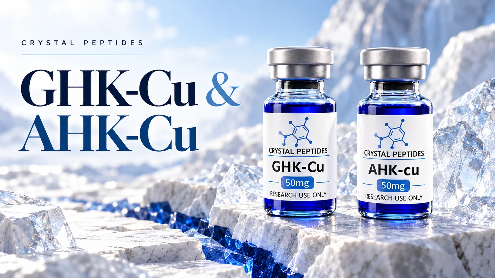 Redaktionell produktillustration: GHK-Cu / AHK-Cu — Crystal Peptides.