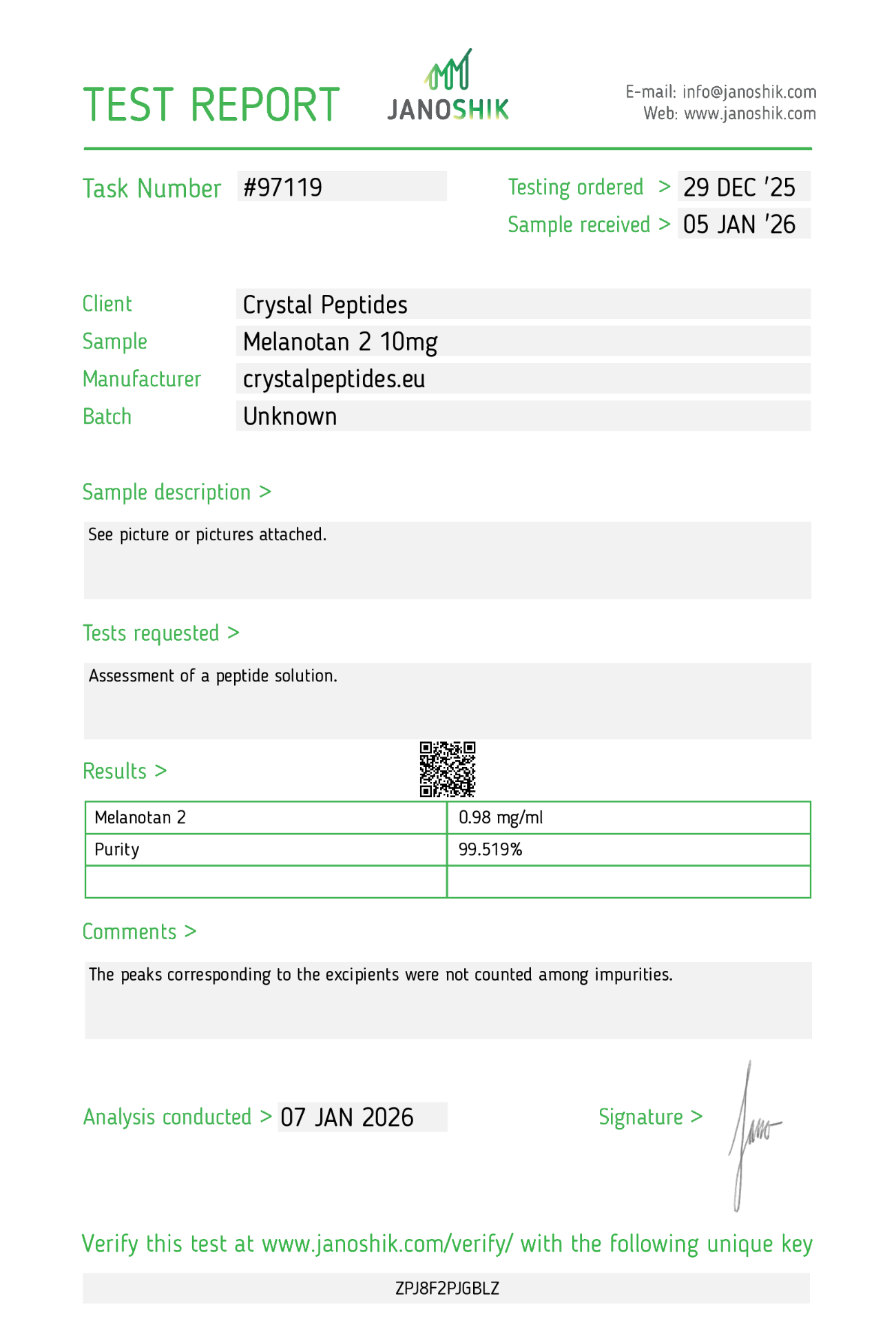 MT-2 (10mg/10ml) Purity & Identity Labtest
